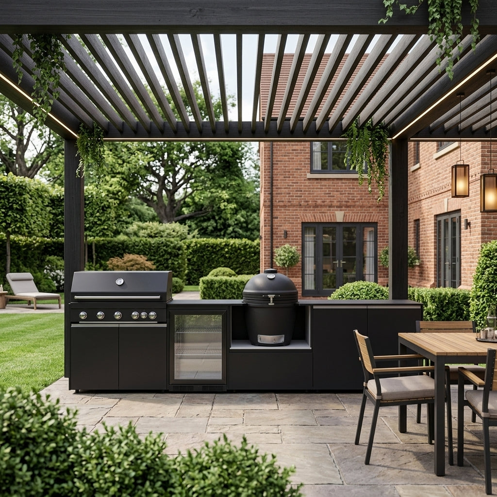 Fontana Forni Ignes Outdoor Modular Kitchen – 5 Burner Gas BBQ, Fridge, 24″ Kamado, and Double-Door Plus Storage