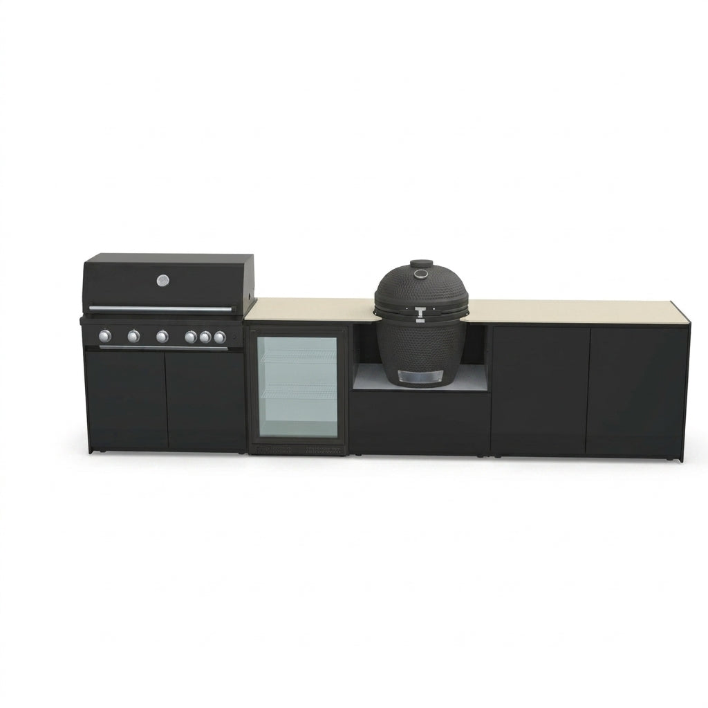 Fontana Forni Ignes Outdoor Modular Kitchen – 5 Burner Gas BBQ, Fridge, 24″ Kamado, and Double-Door Plus Storage