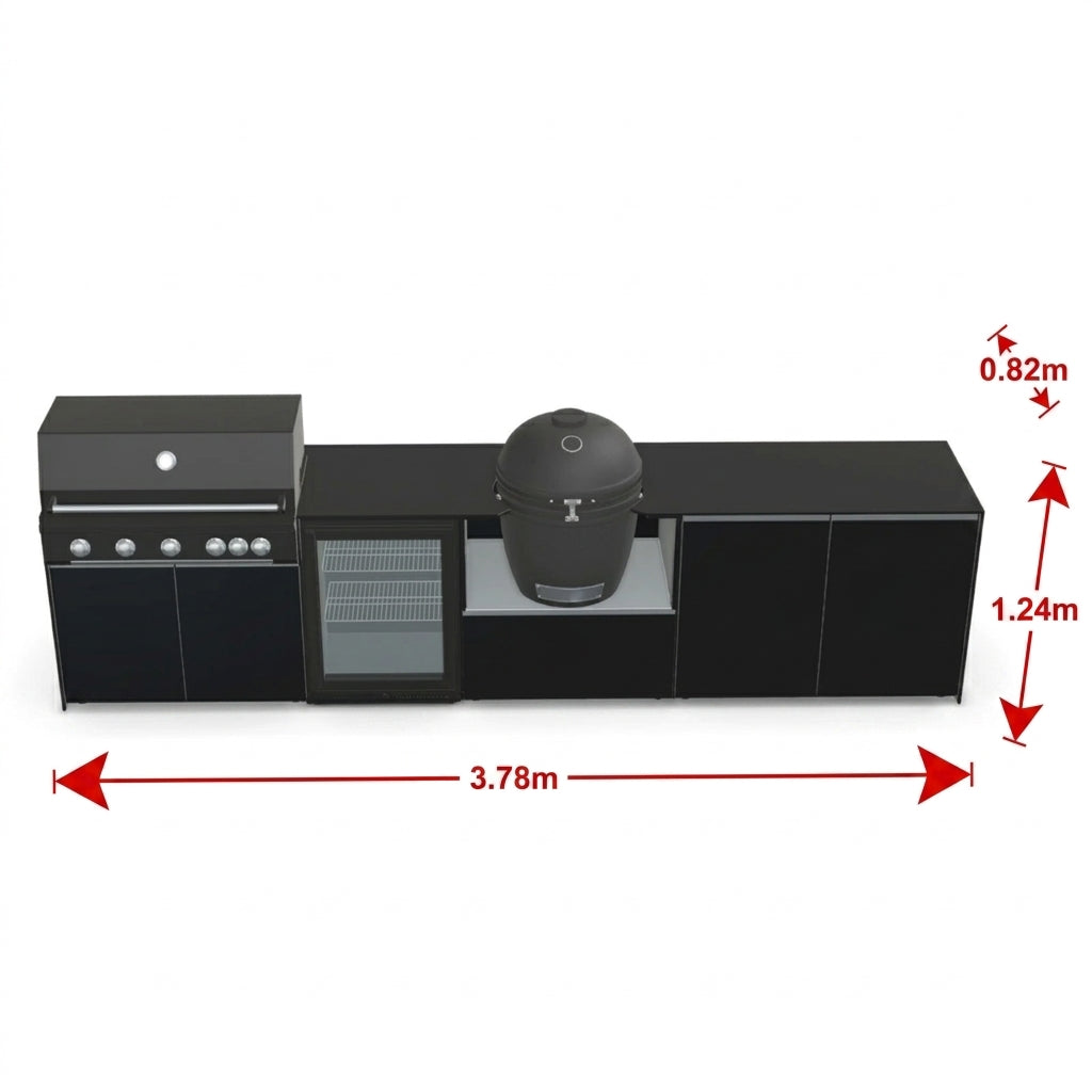 Fontana Forni Ignes Outdoor Modular Kitchen – 5 Burner Gas BBQ, Fridge, 24″ Kamado, and Double-Door Plus Storage