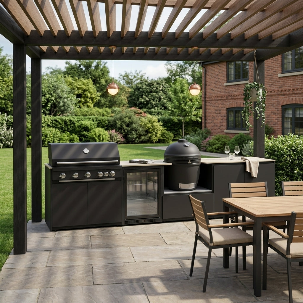 Fontana Forni Ignes Outdoor Modular Kitchen – 5 Burner Gas BBQ, Fridge, 24″ Kamado, and Double-Door Plus Storage
