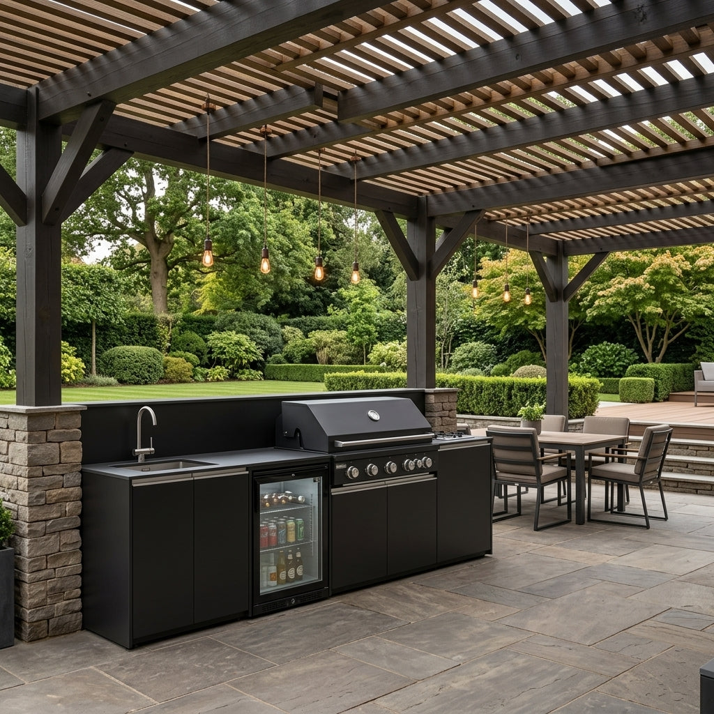 Fontana Ignes Black Outdoor Kitchen – 5 Burner BBQ, Sink, Fridge, and Gas Hob