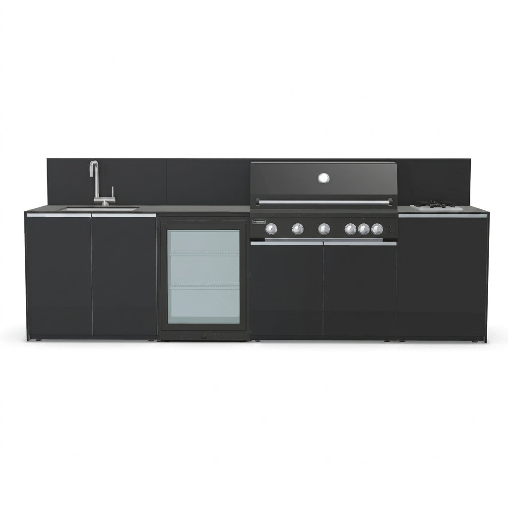 Fontana Ignes Black Outdoor Kitchen – 5 Burner BBQ, Sink, Fridge, and Gas Hob
