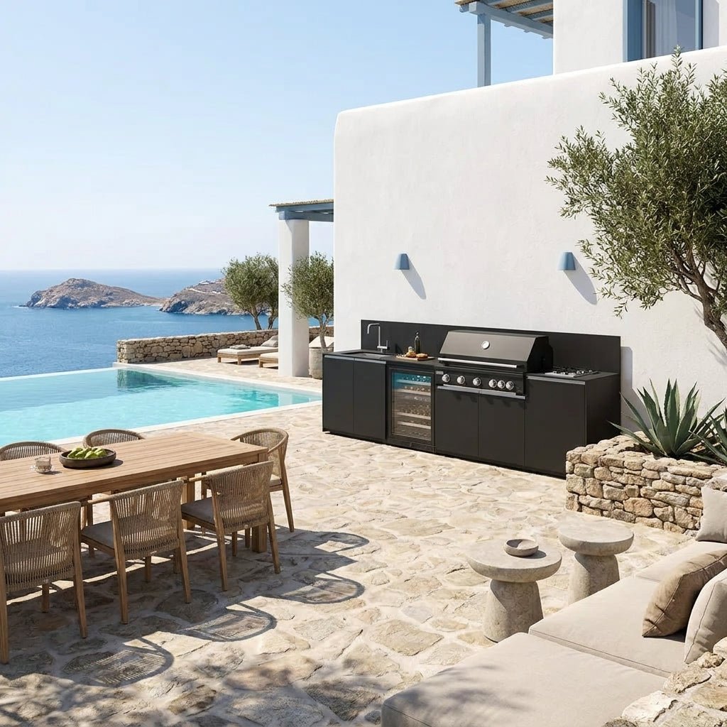 Fontana Ignes Black Outdoor Kitchen – 5 Burner BBQ, Sink, Fridge, and Gas Hob in Noir Avenue