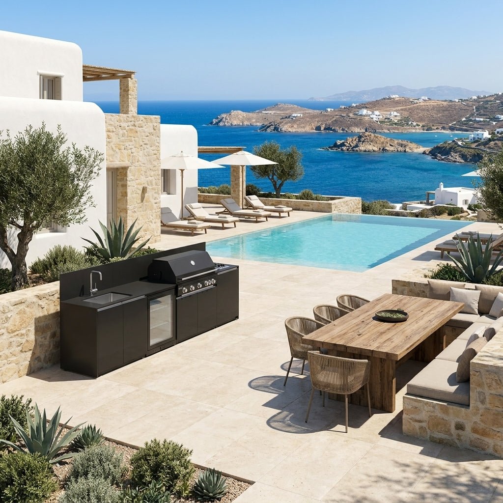 Fontana Ignes Black Outdoor Kitchen – 5 Burner BBQ, Sink, Fridge, and Gas Hob in Noir Avenue