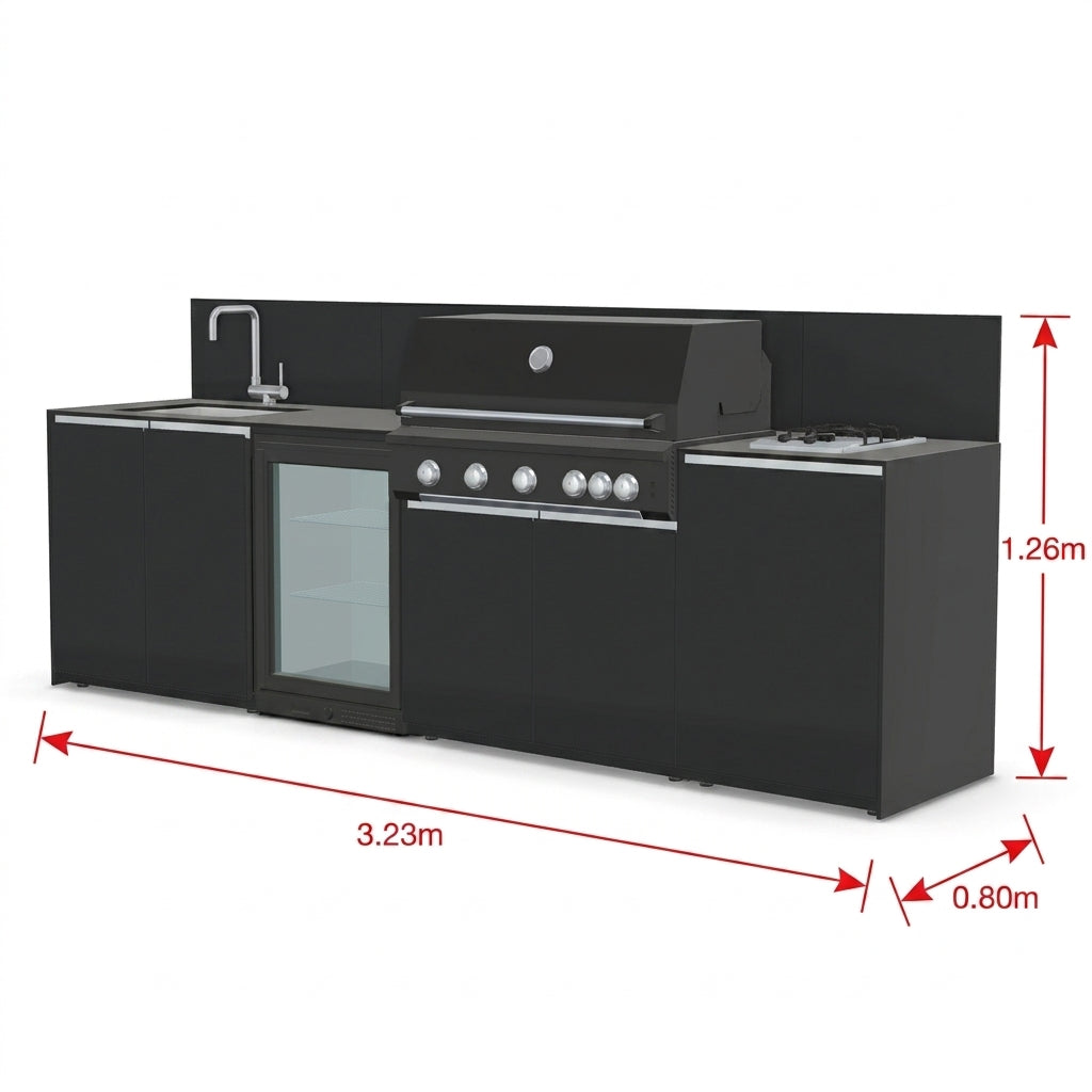 Fontana Ignes Black Outdoor Kitchen – 5 Burner BBQ, Sink, Fridge, and Gas Hob