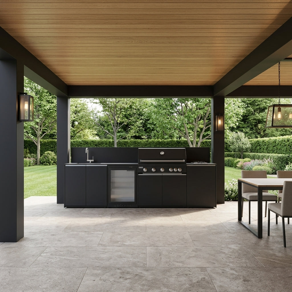 Fontana Ignes Black Outdoor Kitchen – 5 Burner BBQ, Sink, Fridge, and Gas Hob