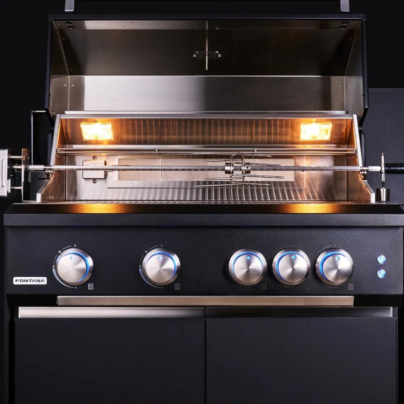Fontana Ignes Modular Outdoor Kitchen – 4 Burner BBQ, Fridge, Integrated Kamado, and Storage in Noir Avenue