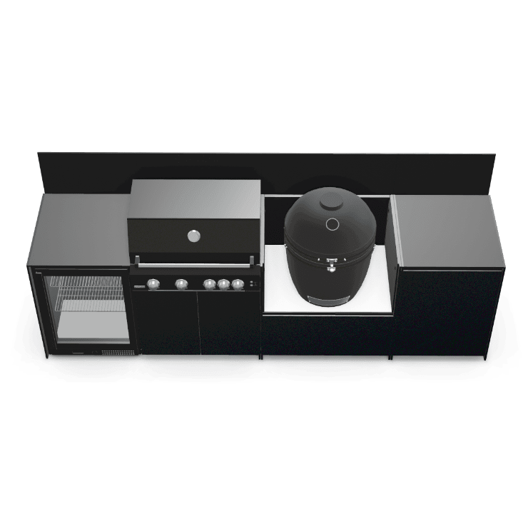 Fontana Ignes Modular Outdoor Kitchen – 4 Burner BBQ, Fridge, Integrated Kamado, and Storage in Noir Avenue