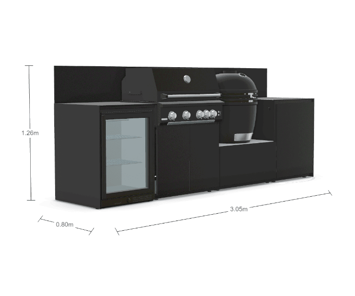 Fontana Ignes Modular Outdoor Kitchen – 4 Burner BBQ, Fridge, Integrated Kamado, and Storage in Noir Avenue