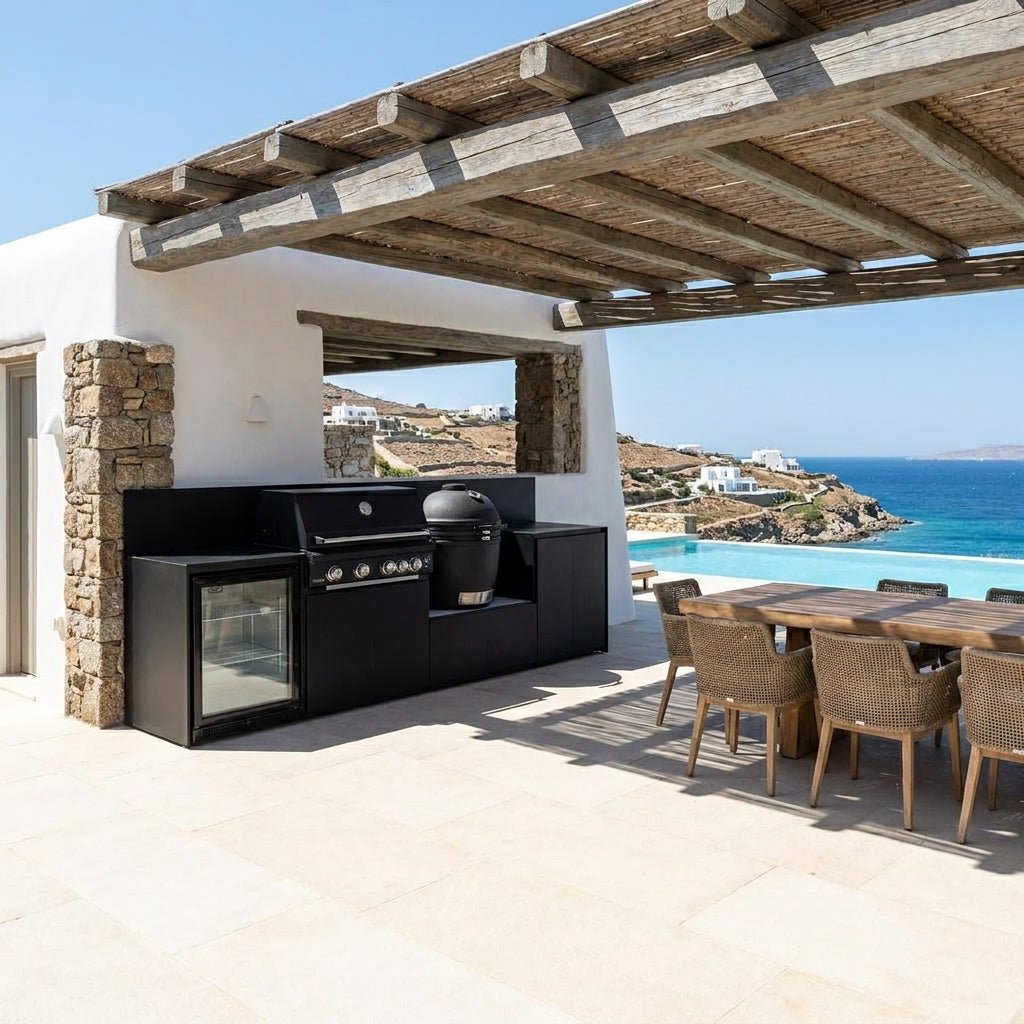 Fontana Ignes Modular Outdoor Kitchen – 4 Burner BBQ, Fridge, Integrated Kamado, and Storage in Noir Avenue