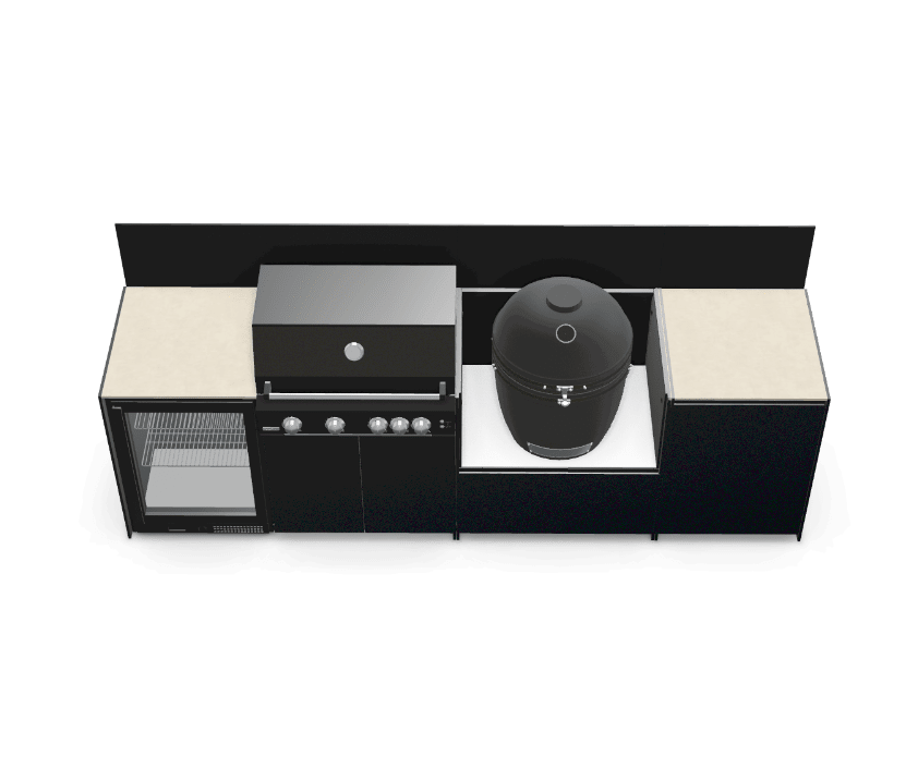 Fontana Ignes Modular Outdoor Kitchen – 4 Burner BBQ, Fridge, Integrated Kamado, and Storage in Noir Avenue