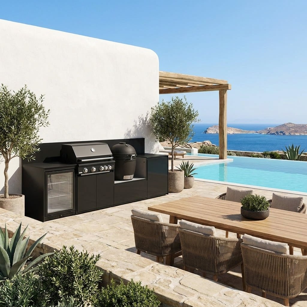 Fontana Ignes Modular Outdoor Kitchen – 4 Burner BBQ, Fridge, Integrated Kamado, and Storage in White Boulevard