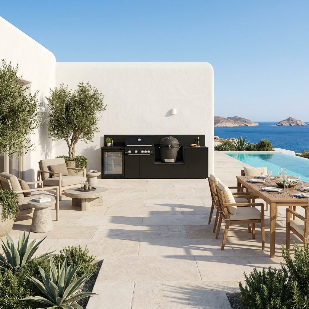Fontana Ignes Modular Outdoor Kitchen – 4 Burner BBQ, Fridge, Integrated Kamado, and Storage in White Boulevard