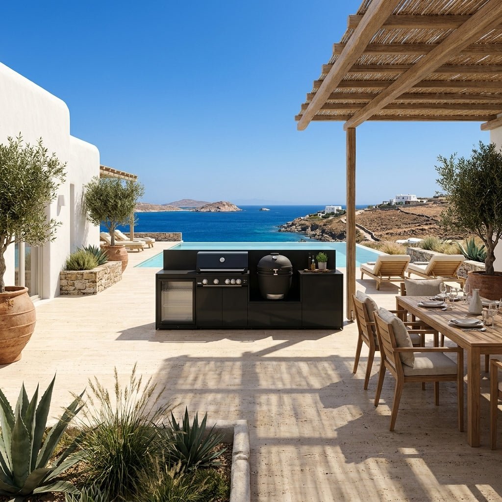 Fontana Ignes Modular Outdoor Kitchen – 4 Burner BBQ, Fridge, Integrated Kamado, and Storage in White Boulevard
