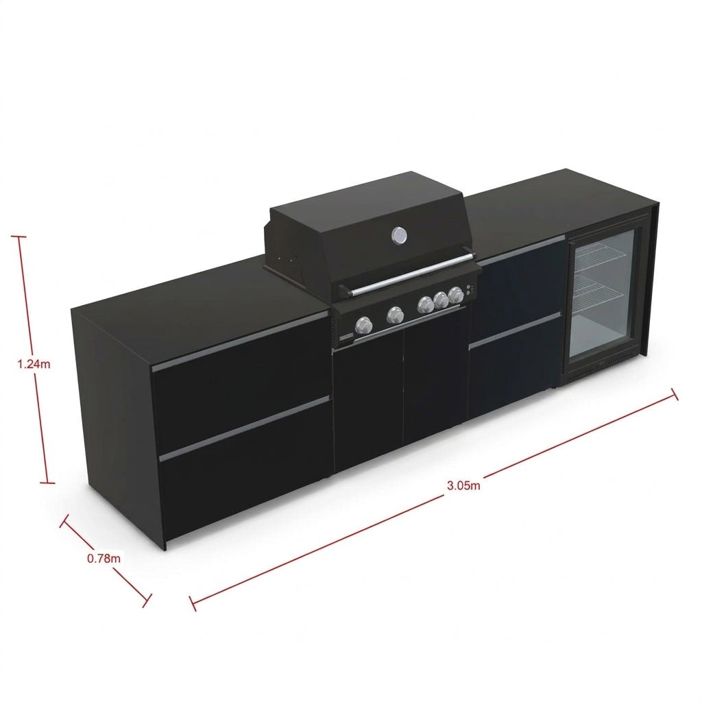 Fontana Ignes Outdoor Kitchen – 4 Burner Grill, Fridge, and Storage in Black