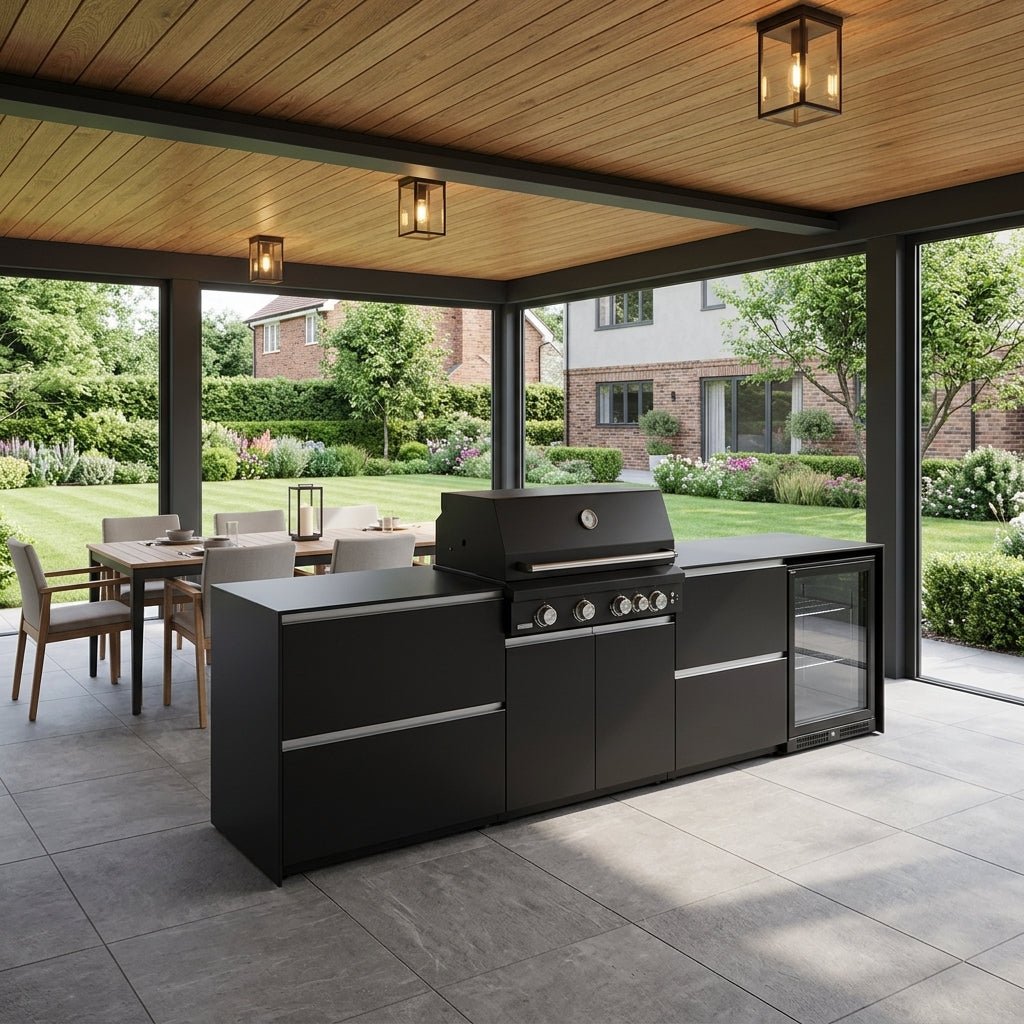 Fontana Ignes Outdoor Kitchen – 4 Burner Grill, Fridge, and Storage in Noir Avenue