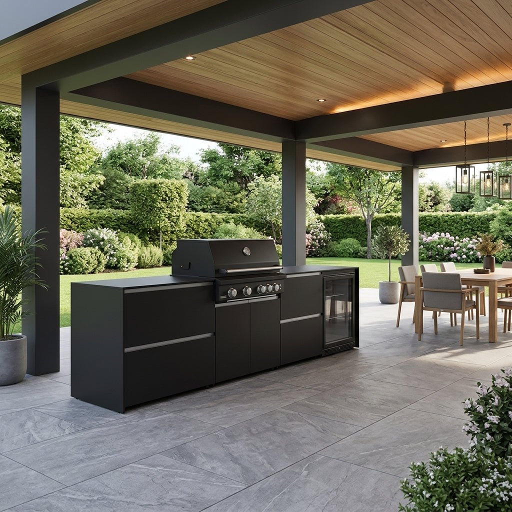 Fontana Ignes Outdoor Kitchen – 4 Burner Grill, Fridge, and Storage in White Boulevard