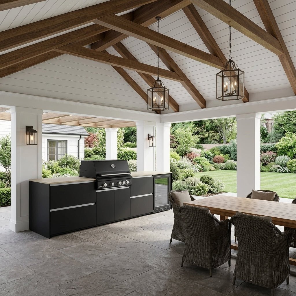Fontana Ignes Outdoor Kitchen – 4 Burner Grill, Fridge, and Storage in White Boulevard