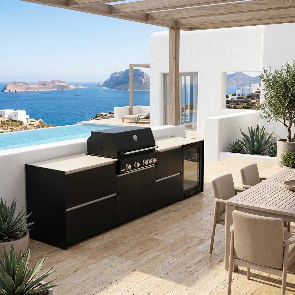 Fontana Ignes Outdoor Kitchen – 4 Burner Grill, Fridge, and Storage in White Boulevard