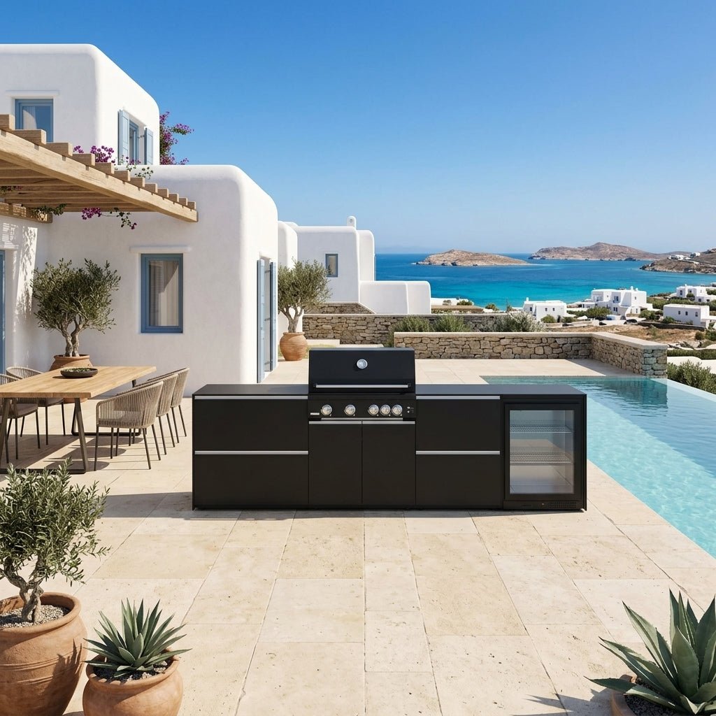 Fontana Ignes Outdoor Kitchen – 4 Burner Grill, Fridge, and Storage in White Boulevard