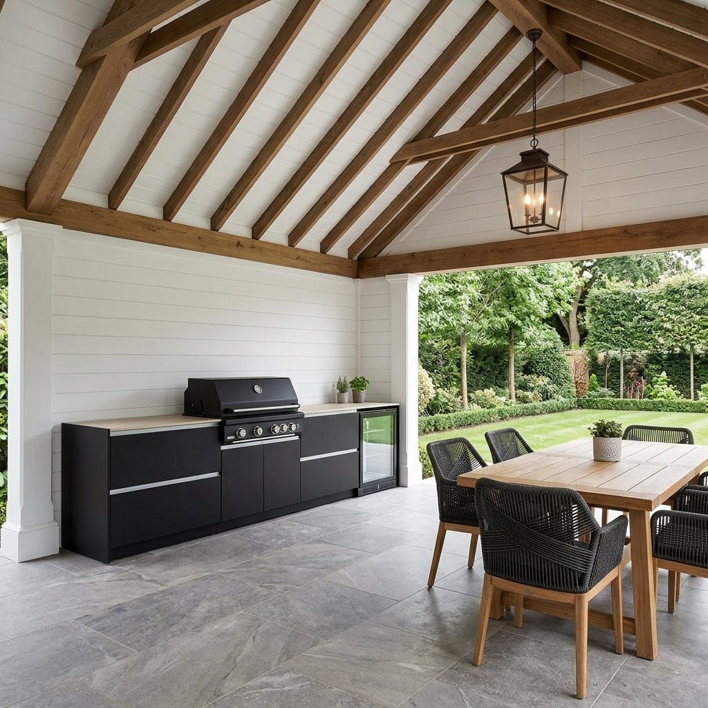 Fontana Ignes Outdoor Kitchen – 4 Burner Grill, Fridge, and Storage in White Boulevard
