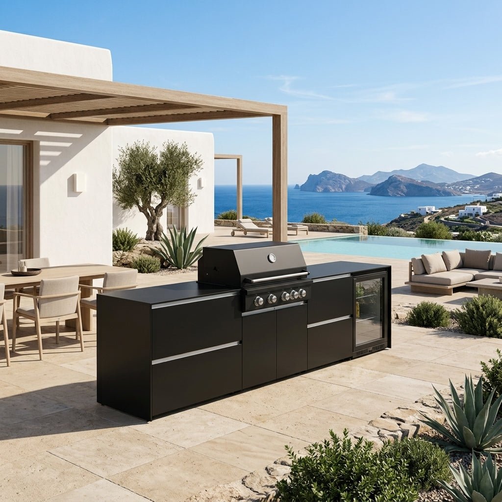Fontana Ignes Outdoor Kitchen – 4 Burner Grill, Fridge, and Storage in White Boulevard