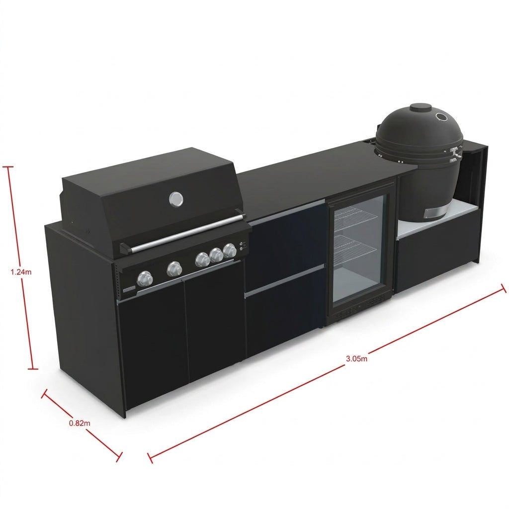 Fontana Ignes Outdoor Kitchen – 4 Burner Grill, Kamado, Fridge and Storage in Black