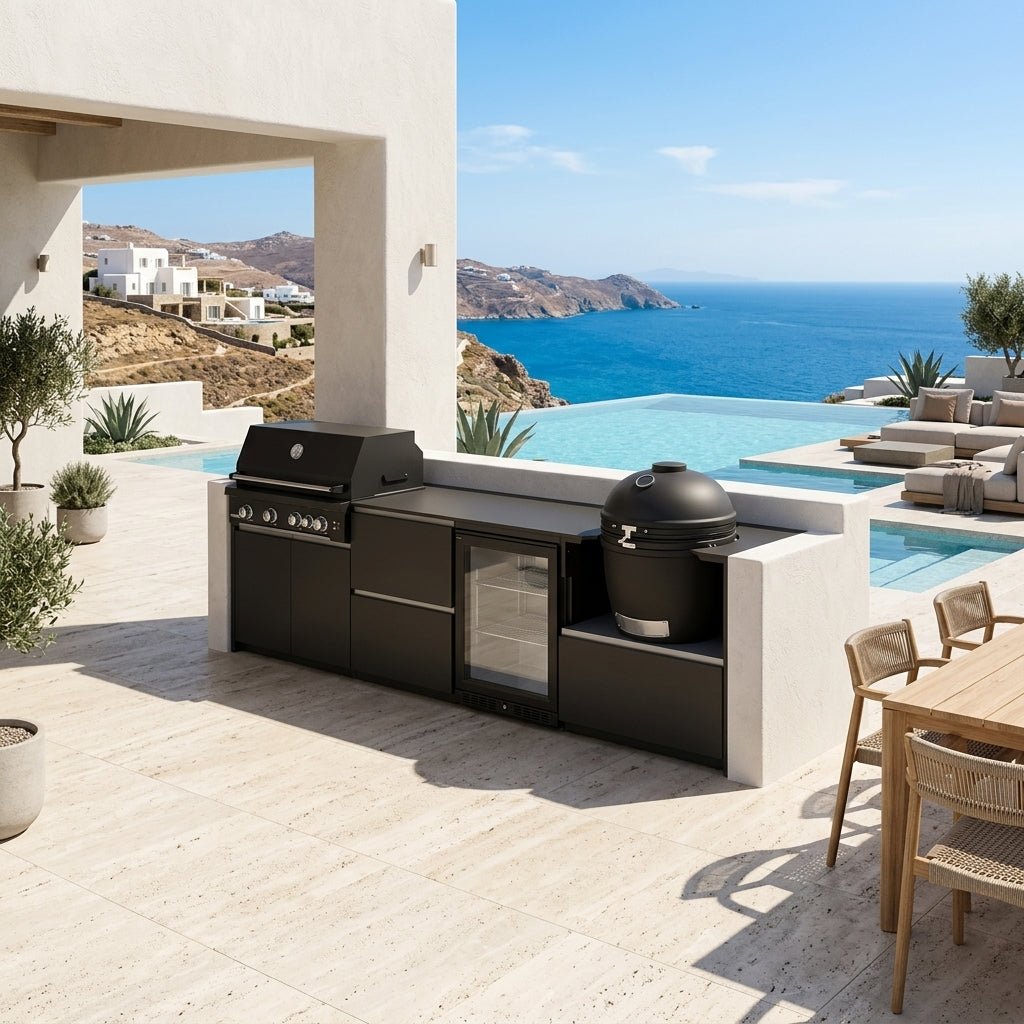 Fontana Ignes Outdoor Kitchen – 4 Burner Grill, Kamado, Fridge and Storage in Noir Avenue