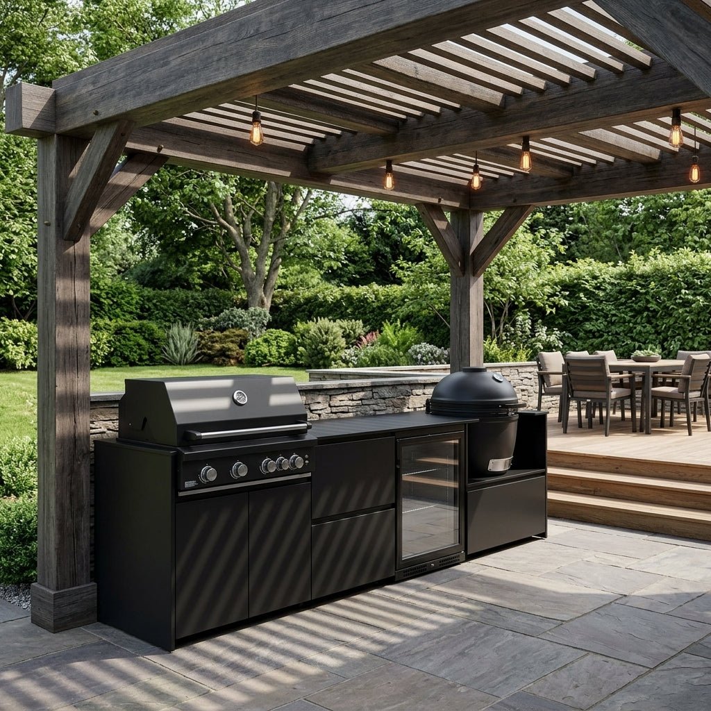 Fontana Ignes Outdoor Kitchen – 4 Burner Grill, Kamado, Fridge and Storage in Noir Avenue