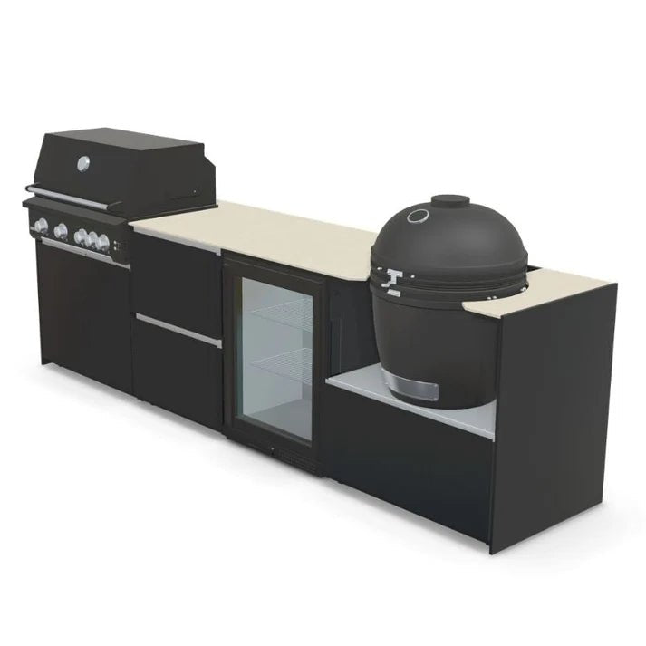 Fontana Ignes Outdoor Kitchen – 4 Burner Grill, Kamado, Fridge and Storage in Oyster Beige