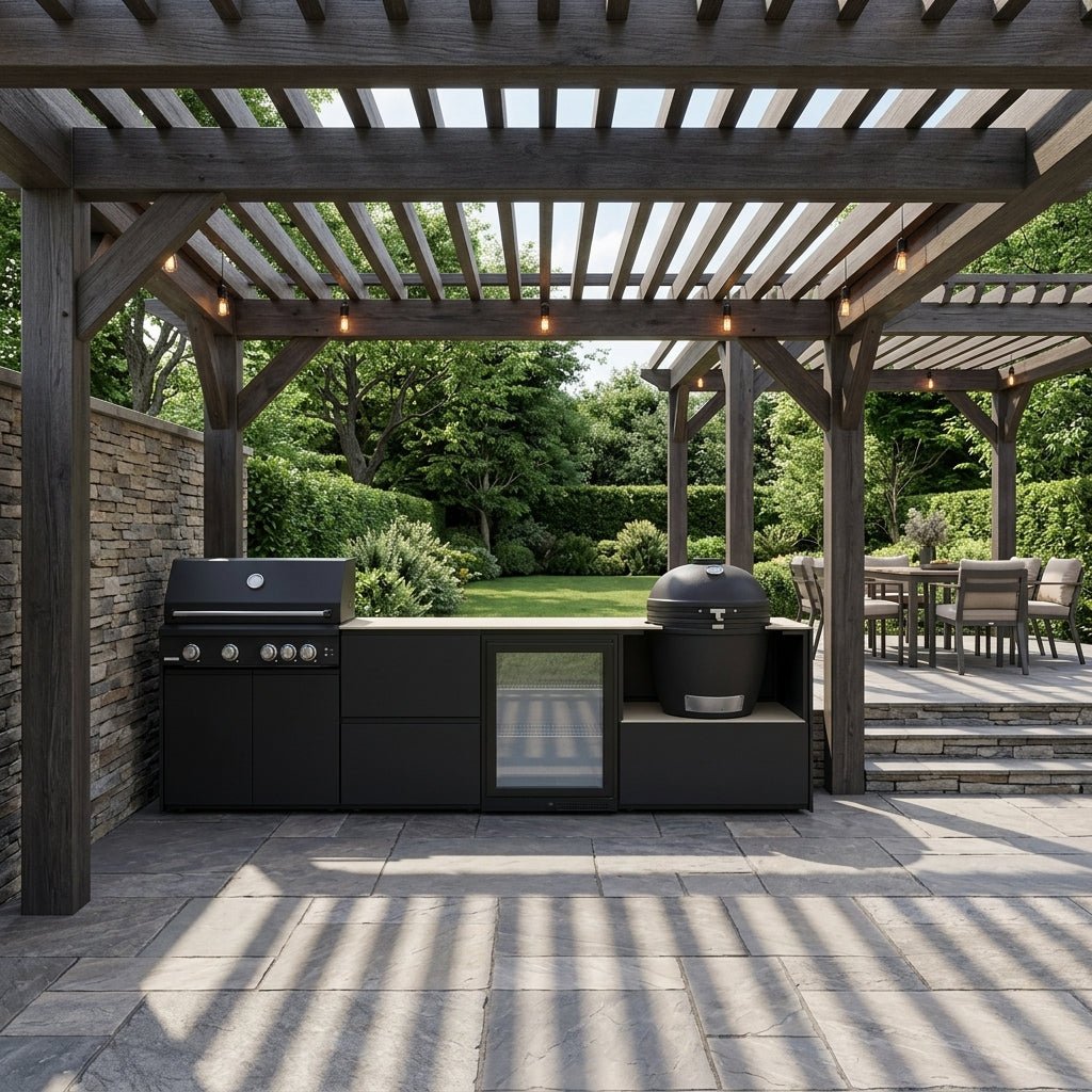 Fontana Ignes Outdoor Kitchen – 4 Burner Grill, Kamado, Fridge and Storage in White Boulevard