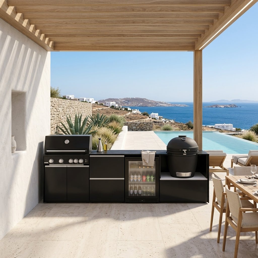 Fontana Ignes Outdoor Kitchen – 4 Burner Grill, Kamado, Fridge and Storage in White Boulevard