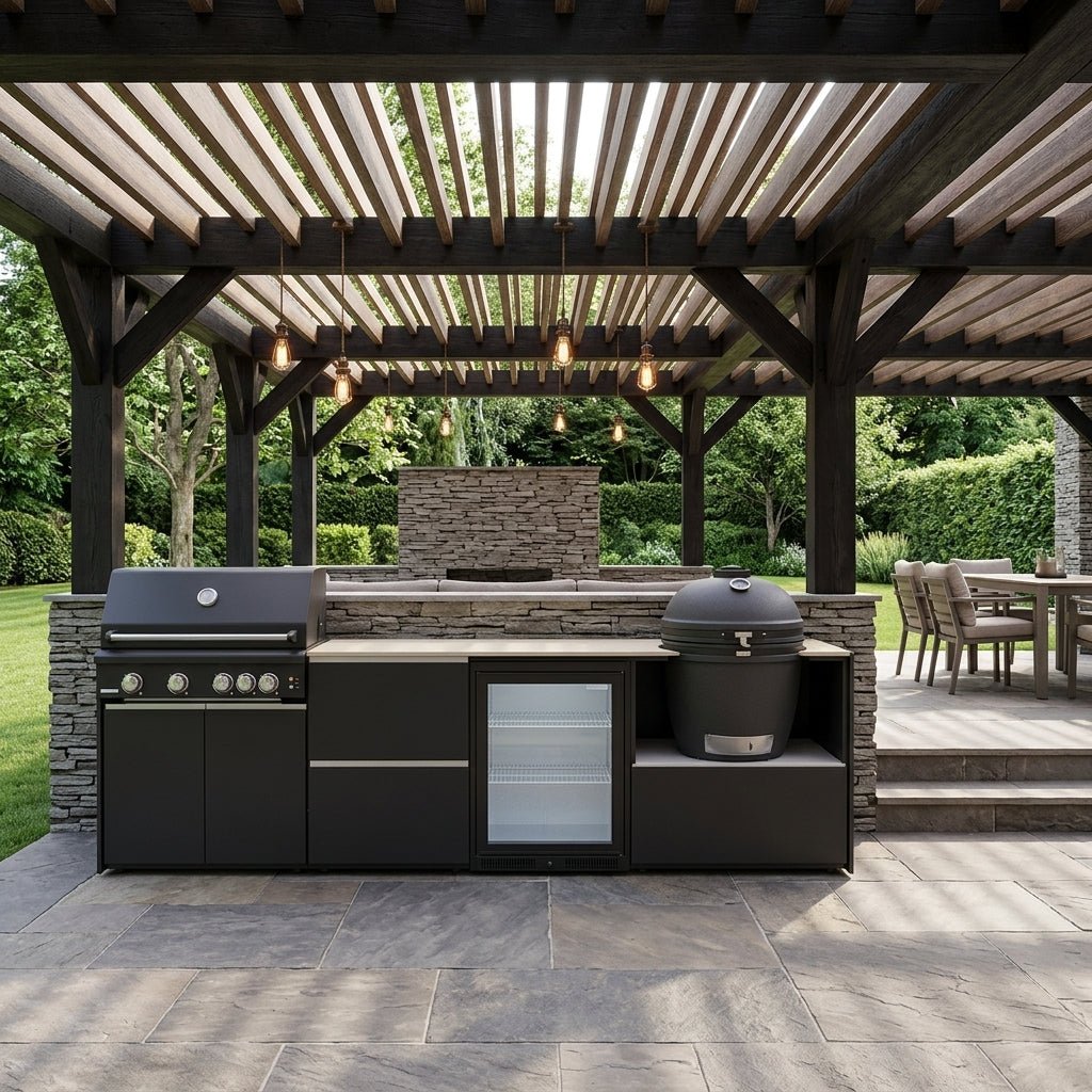 Fontana Ignes Outdoor Kitchen – 4 Burner Grill, Kamado, Fridge and Storage in White Boulevard