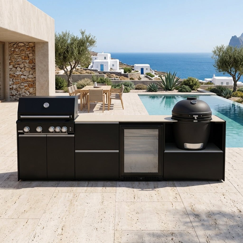 Fontana Ignes Outdoor Kitchen – 4 Burner Grill, Kamado, Fridge and Storage in White Boulevard