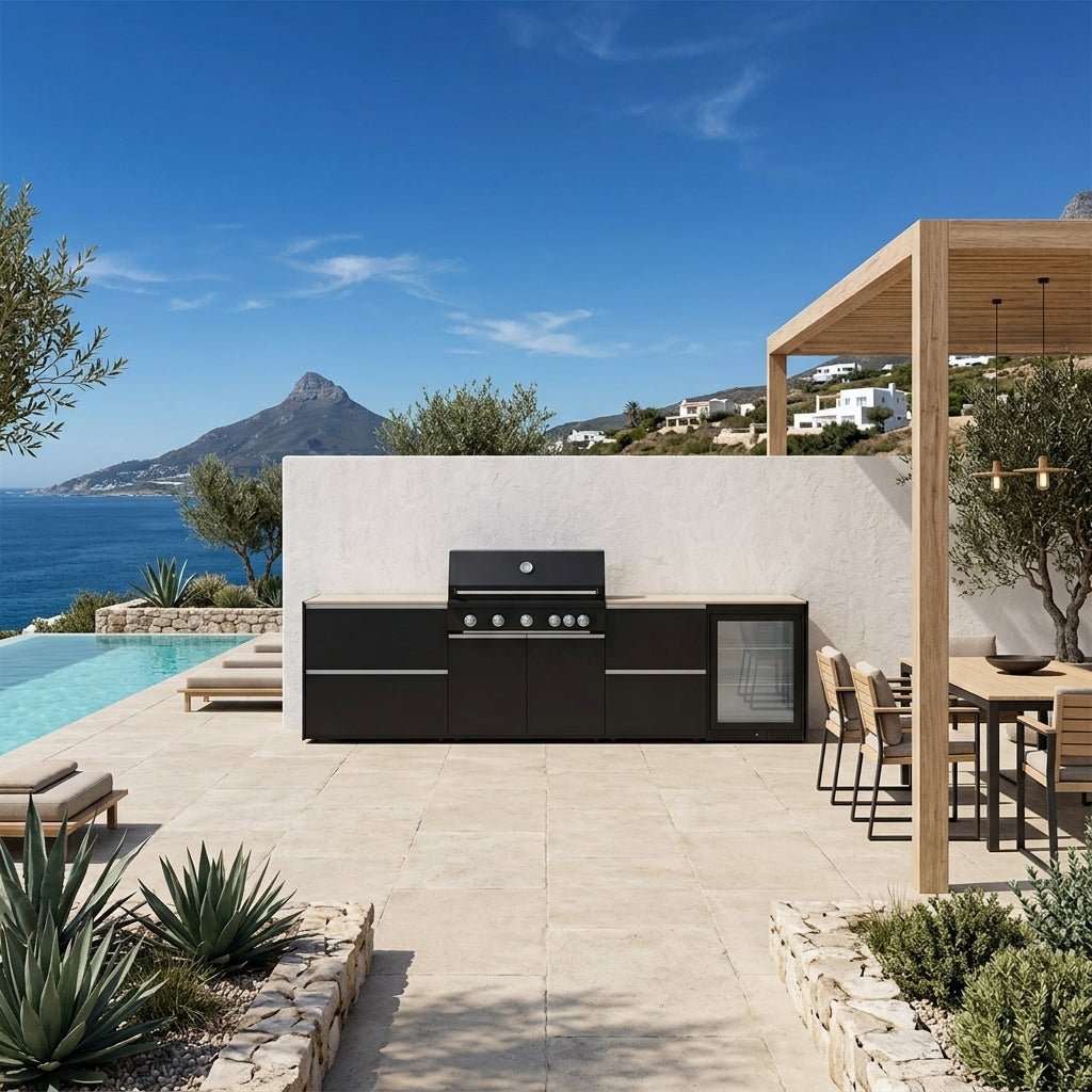 Fontana Ignes Outdoor Kitchen – 5 Burner Grill, Fridge, and Storage in Noir Avenue