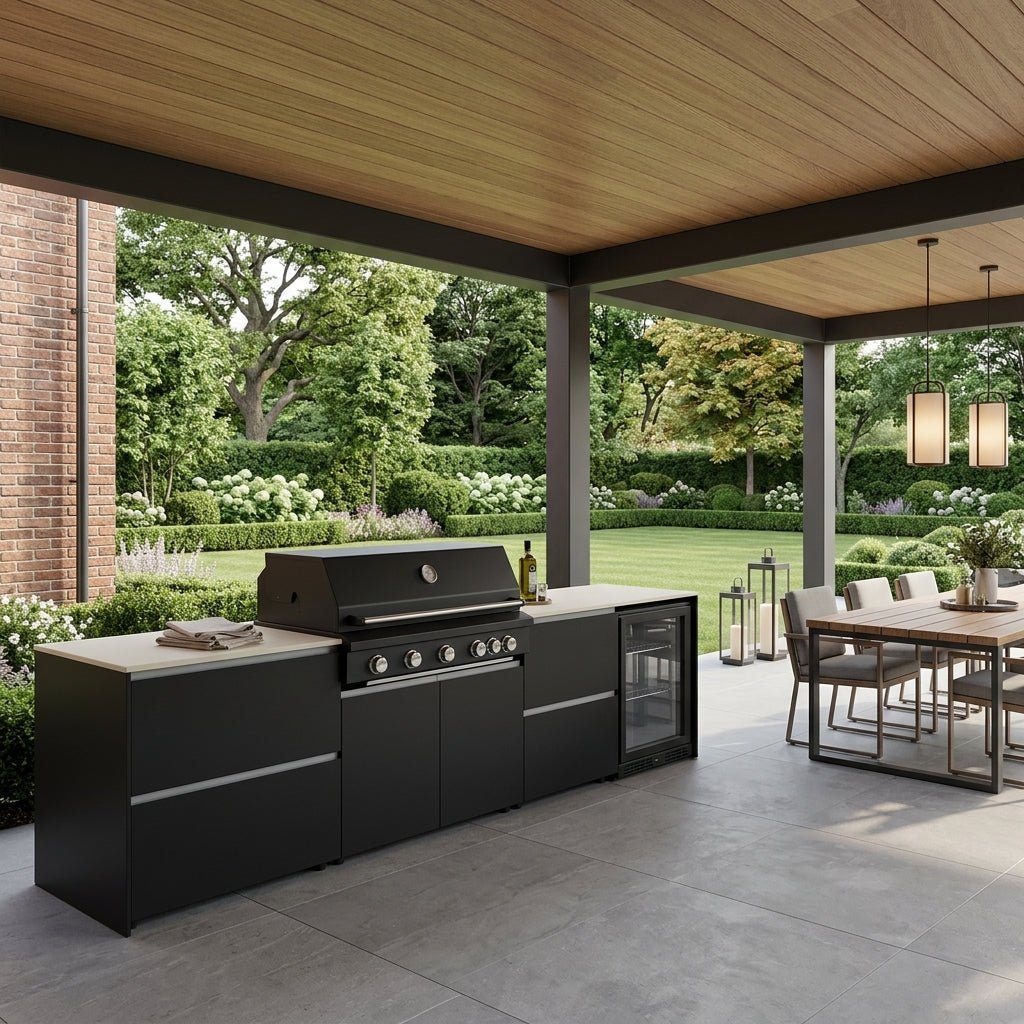 Fontana Ignes Outdoor Kitchen – 5 Burner Grill, Fridge, and Storage in White Boulevard