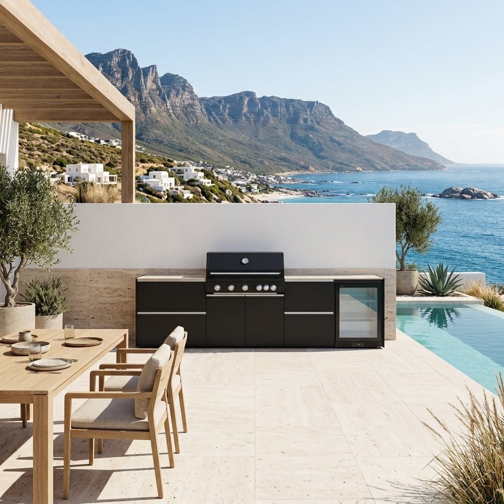 Fontana Ignes Outdoor Kitchen – 5 Burner Grill, Fridge, and Storage in White Boulevard
