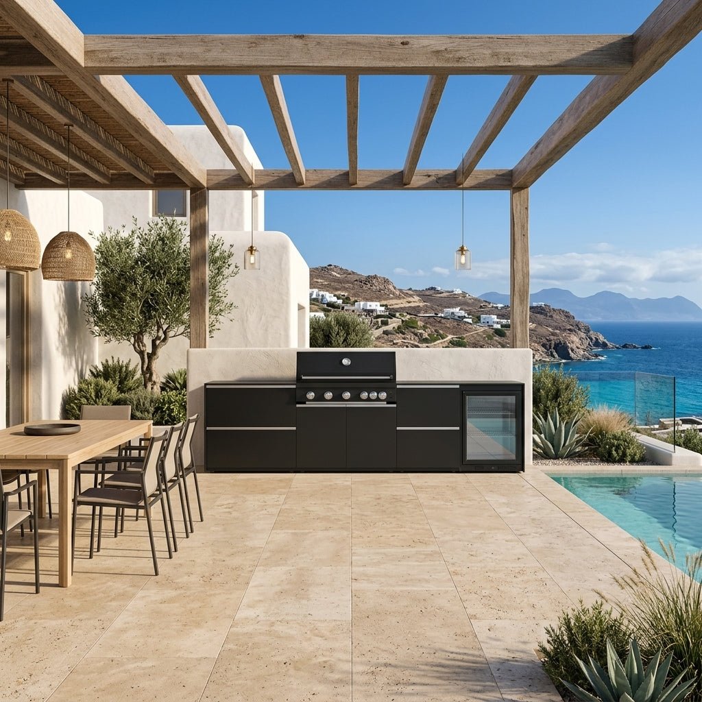 Fontana Ignes Outdoor Kitchen – 5 Burner Grill, Fridge, and Storage in White Boulevard