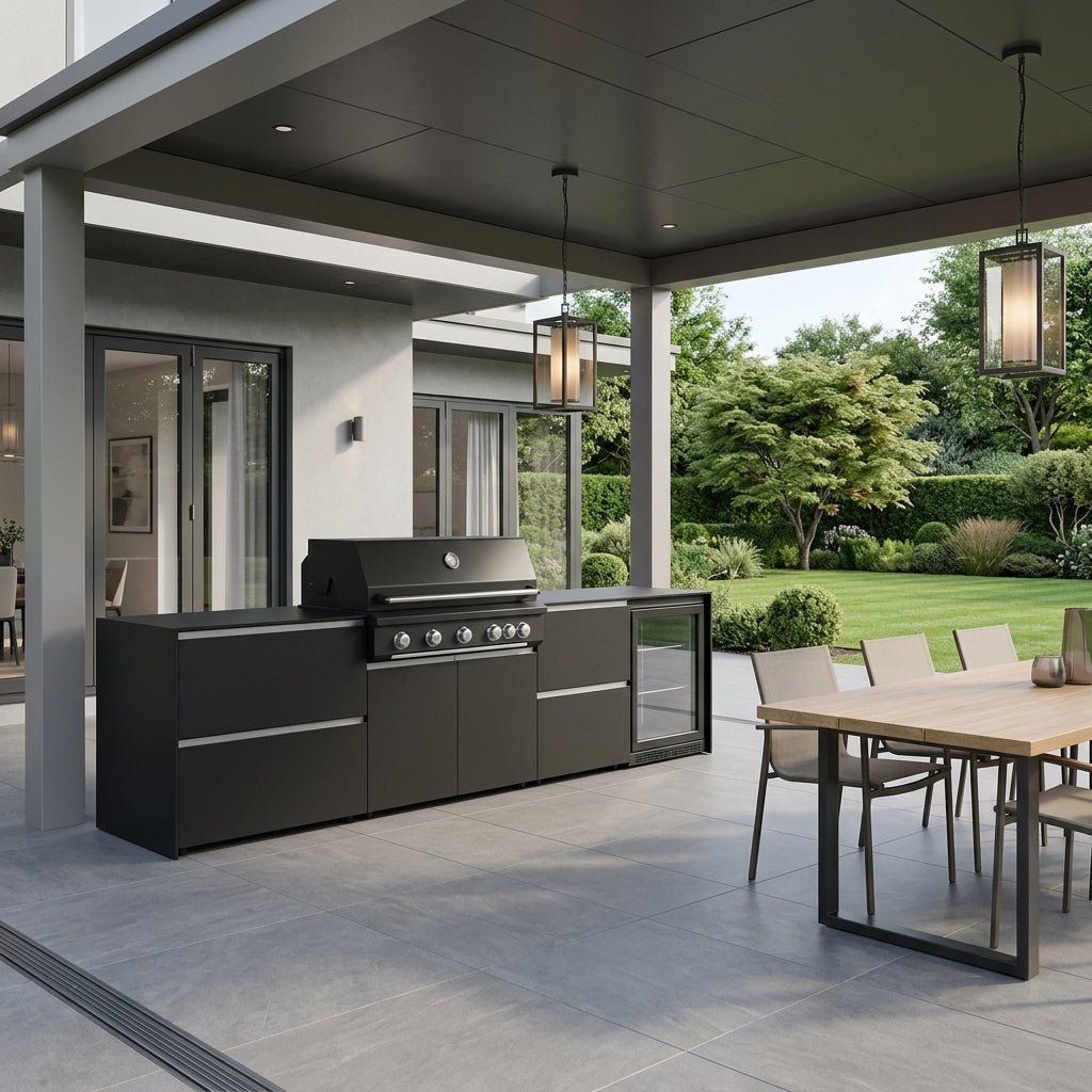 Fontana Ignes Outdoor Kitchen – 5 Burner Grill, Fridge, and Storage in White Boulevard