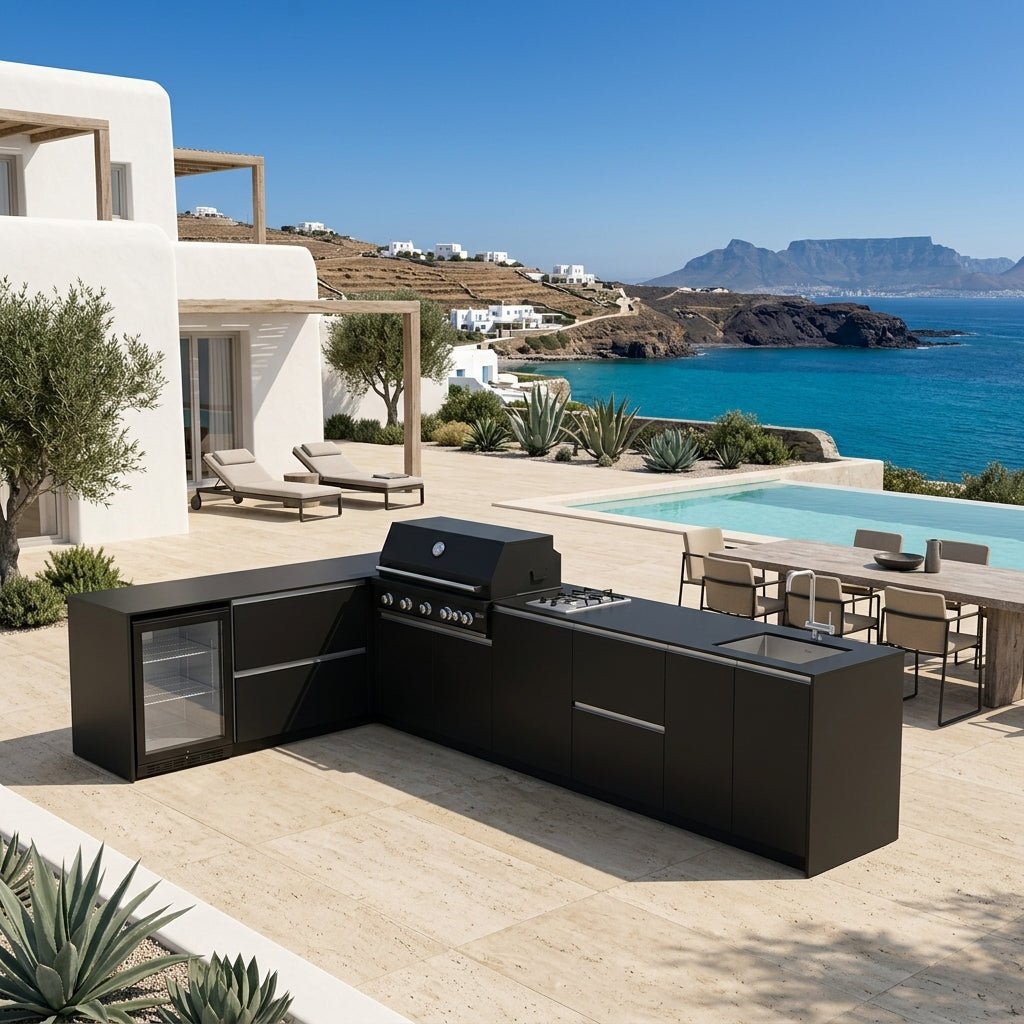 Fontana Ignes Outdoor Kitchen – 5 Burner Grill, Hob, Sink, Fridge, and Storage in Noir Avenue