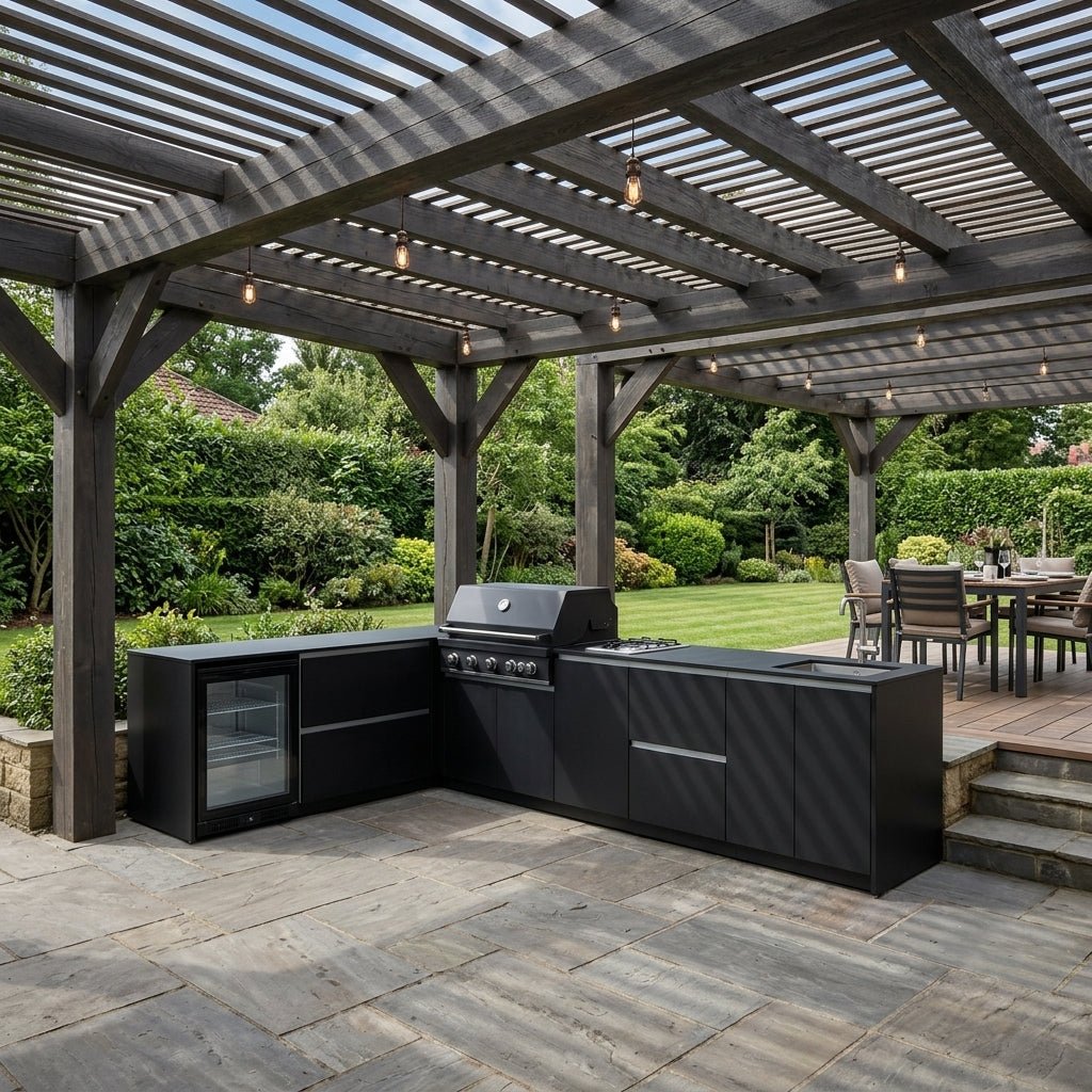 Fontana Ignes Outdoor Kitchen – 5 Burner Grill, Hob, Sink, Fridge, and Storage in Noir Avenue