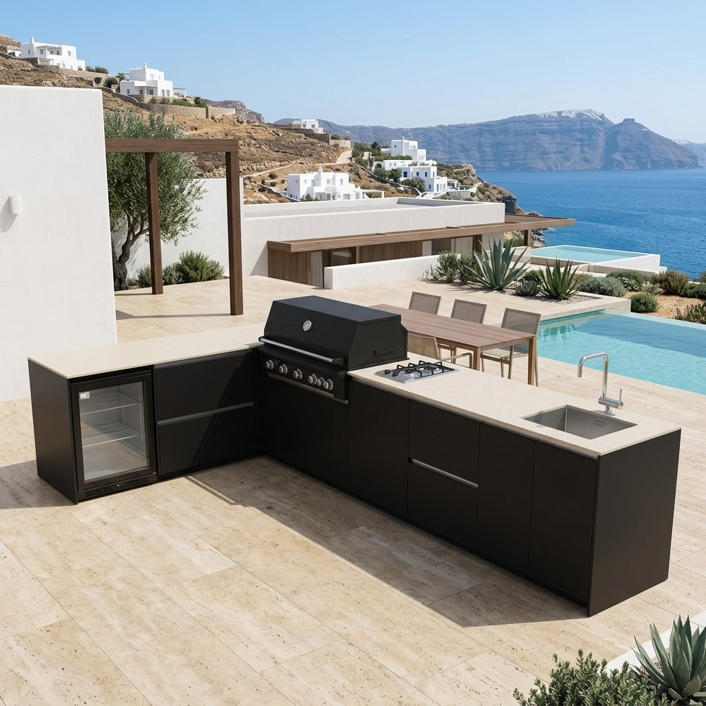 Fontana Ignes Outdoor Kitchen – 5 Burner Grill, Hob, Sink, Fridge, and Storage in White Boulevard