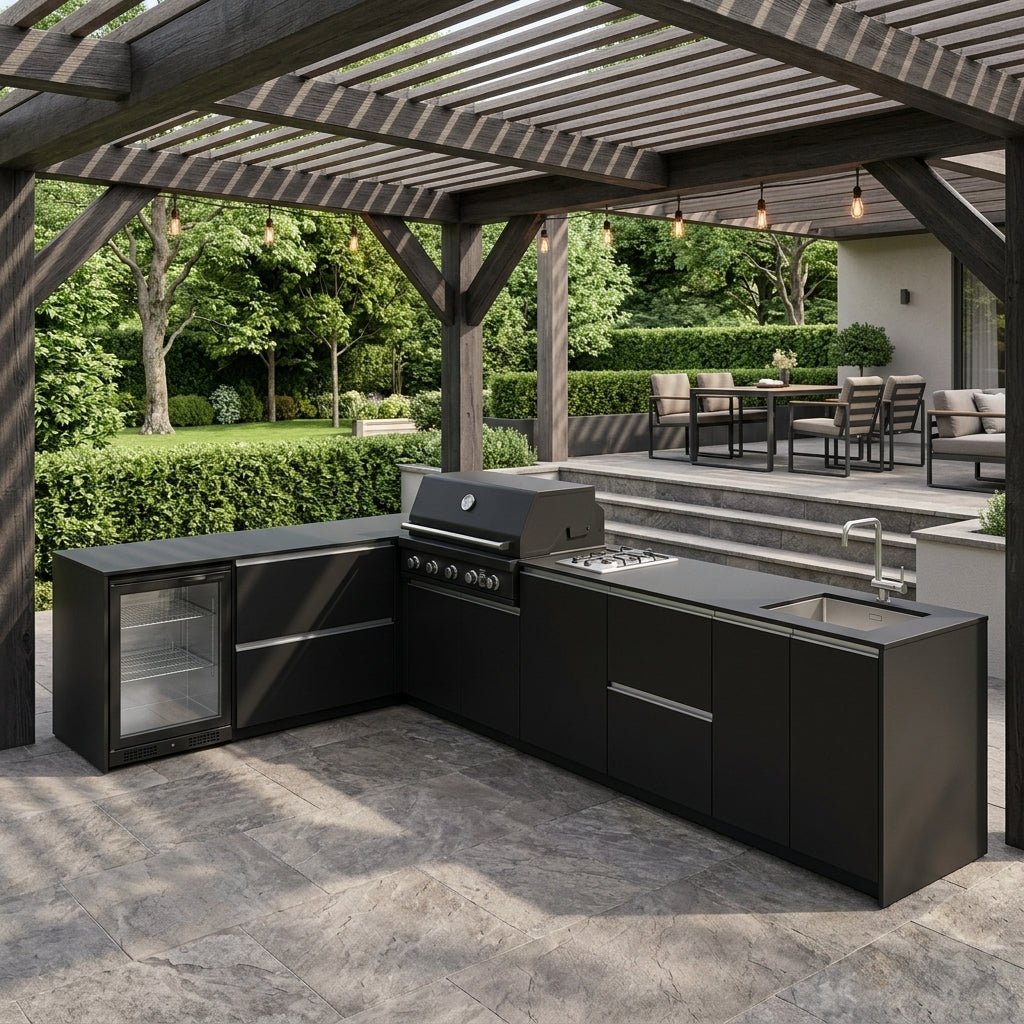 Fontana Ignes Outdoor Kitchen – 5 Burner Grill, Hob, Sink, Fridge, and Storage in White Boulevard