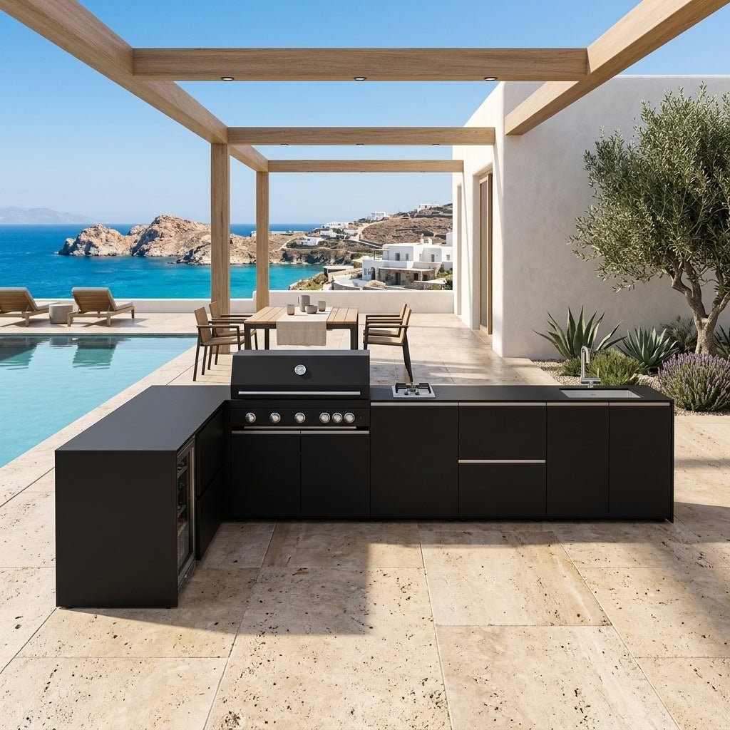 Fontana Ignes Outdoor Kitchen – 5 Burner Grill, Hob, Sink, Fridge, and Storage in White Boulevard
