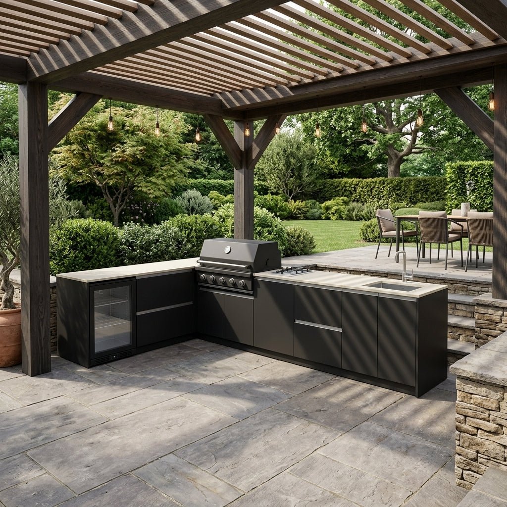Fontana Ignes Outdoor Kitchen – 5 Burner Grill, Hob, Sink, Fridge, and Storage in White Boulevard