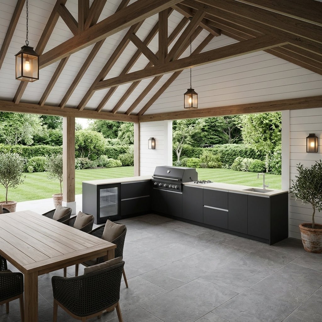 Fontana Ignes Outdoor Kitchen – 5 Burner Grill, Hob, Sink, Fridge, and Storage in White Boulevard