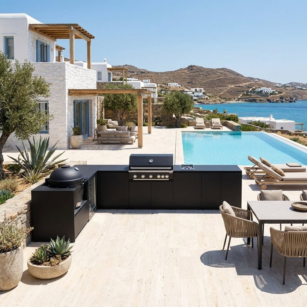 Fontana Ignes Outdoor Kitchen – 5 Burner Grill, Kamado, Hob, Fridge, and Storage in Noir Avenue