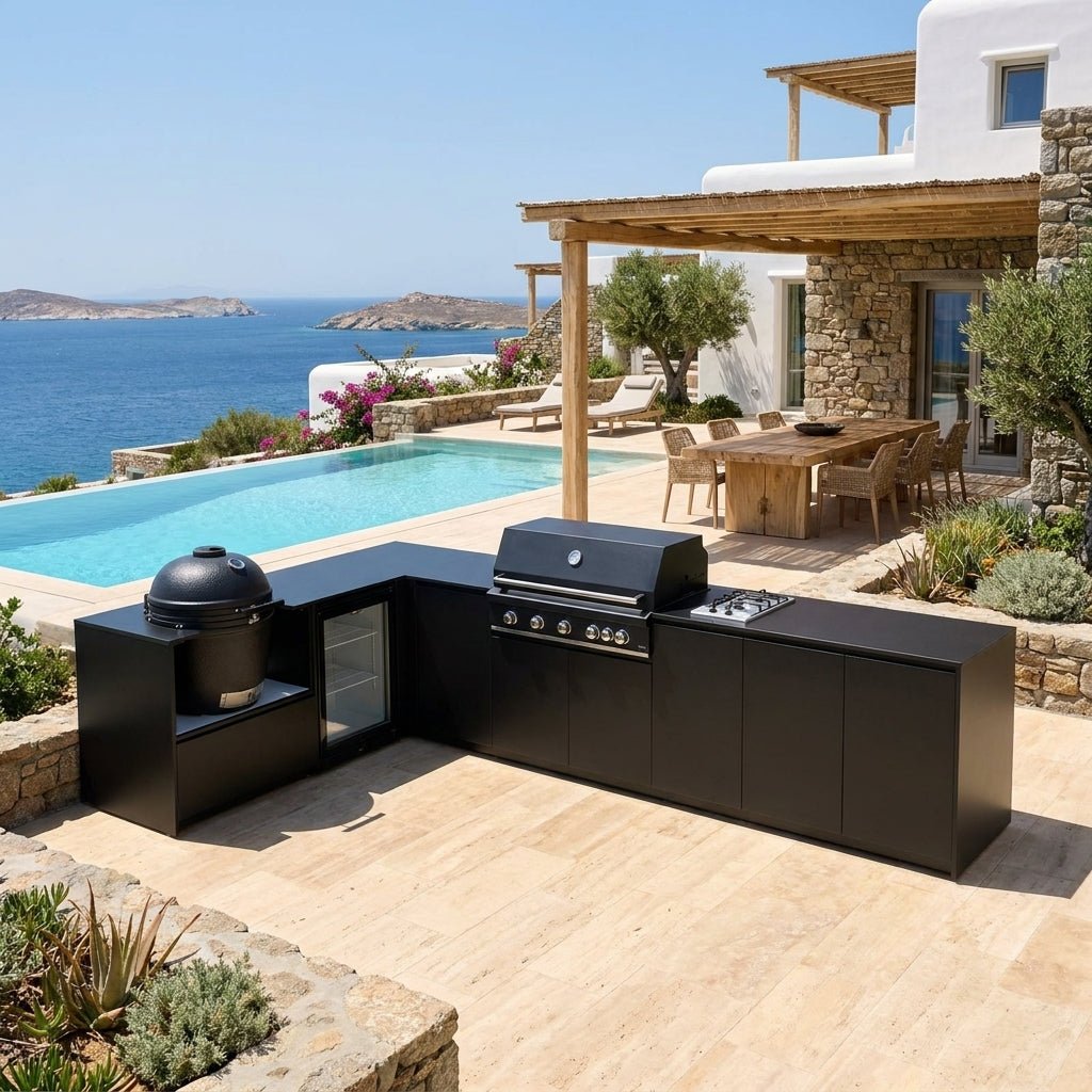 Fontana Ignes Outdoor Kitchen – 5 Burner Grill, Kamado, Hob, Fridge, and Storage in Noir Avenue