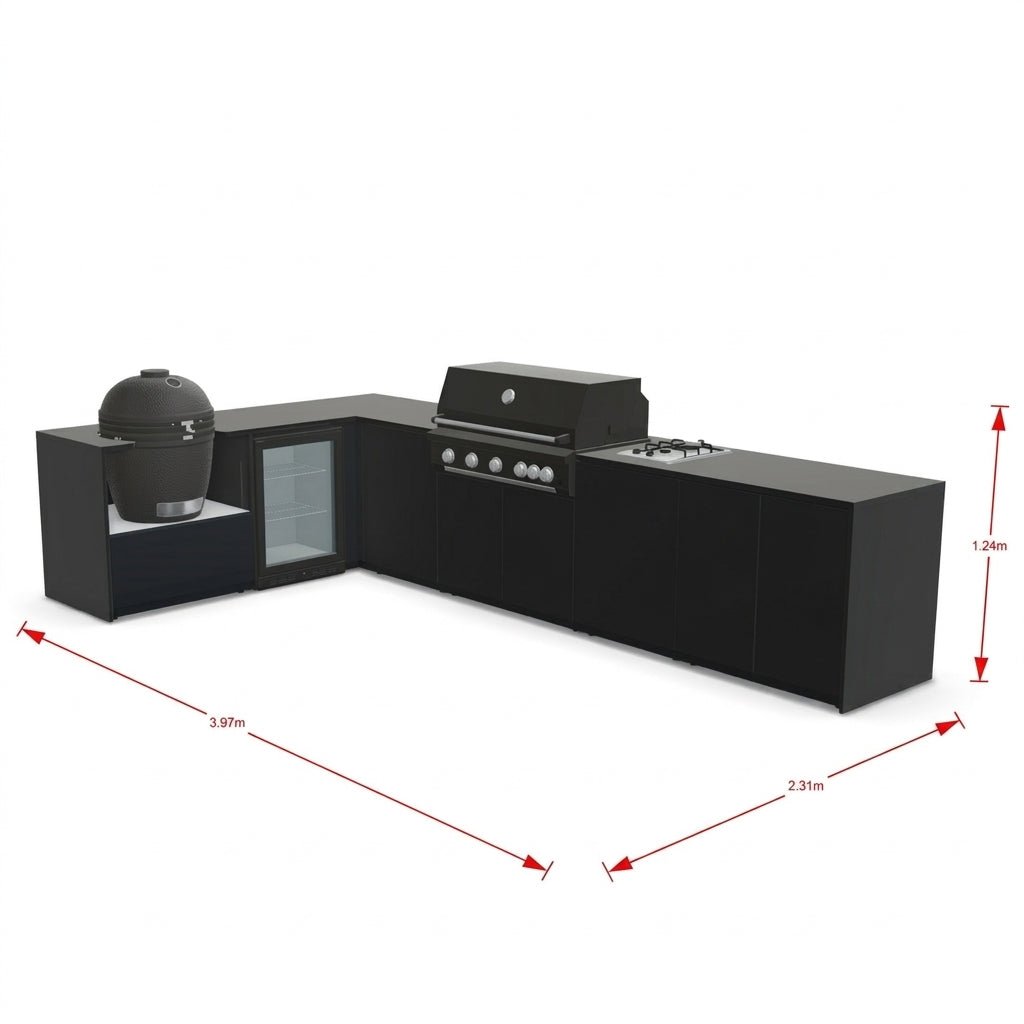 Fontana Ignes Outdoor Kitchen – 5 Burner Grill, Kamado, Hob, Fridge, and Storage in Oyster Beige
