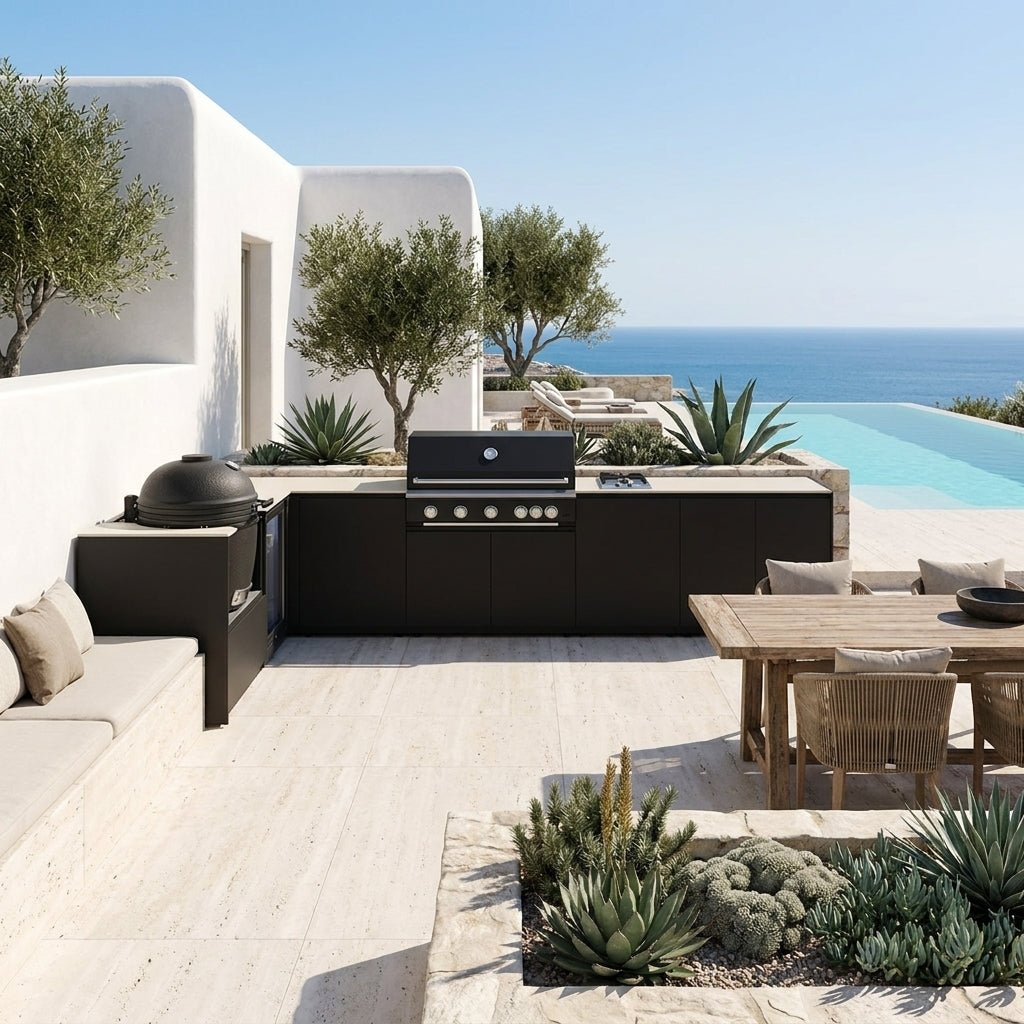 Fontana Ignes Outdoor Kitchen – 5 Burner Grill, Kamado, Hob, Fridge, and Storage in White Boulevard
